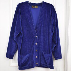 VTG Liz Sport Velour Cardigan Sweater Women Large Blue V Neck Grandpa Cozy Comfy